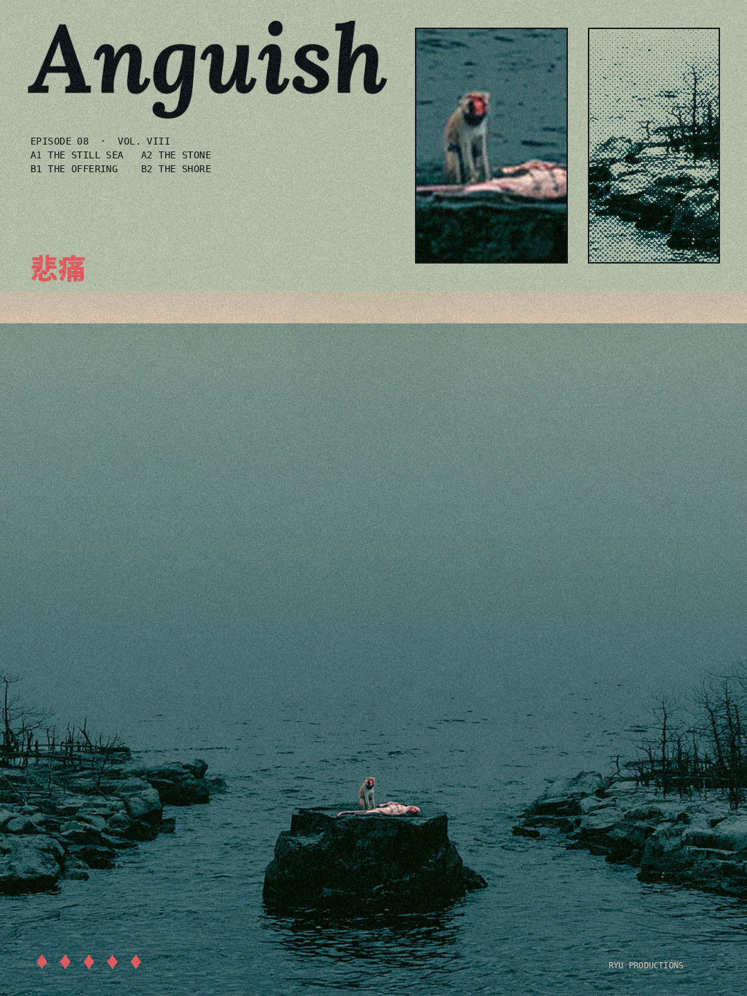 Anguish cover: a lone figure on a rock in a grey misty sea, title in a pale band above
