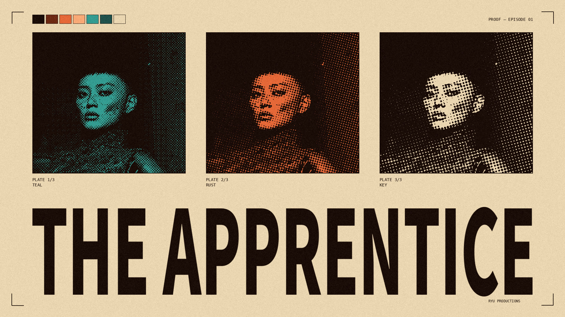The Apprentice print proof: the lead in teal, rust and key halftone plates above the title