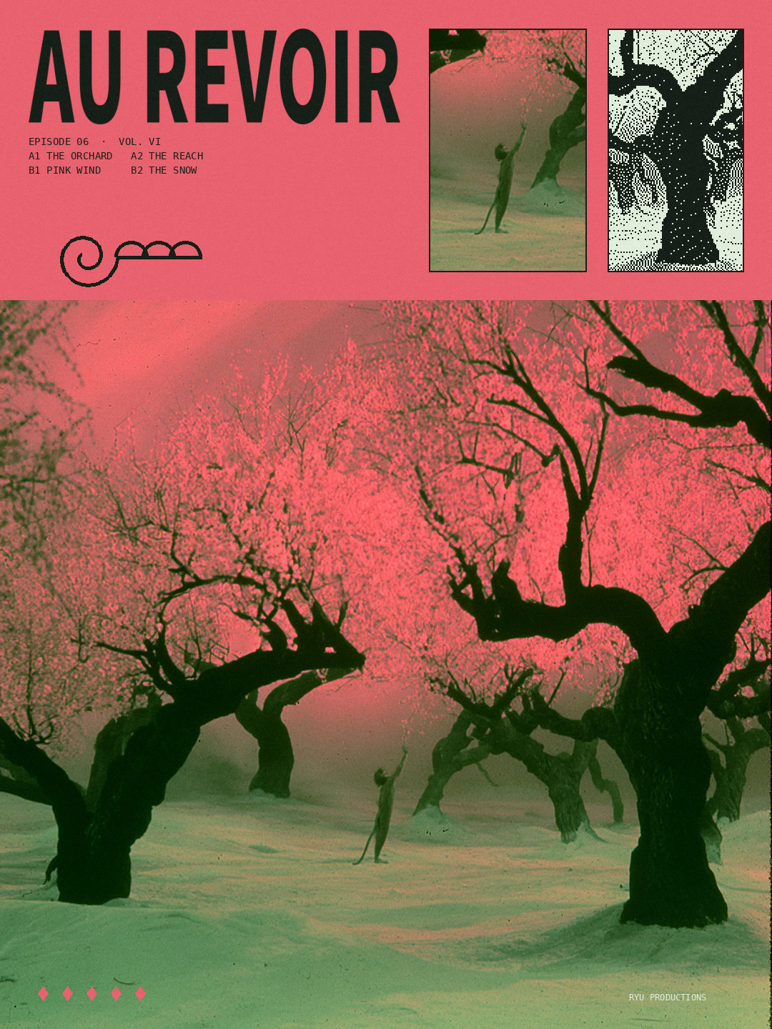 Au Revoir cover: a figure reaching up into pink blossom trees over snow, title in a pink band above