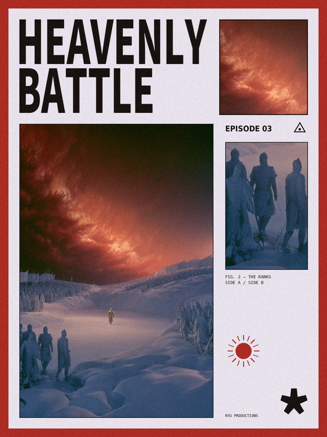 Heavenly Battle cover: a lone figure crossing snow toward an army under a burning sky