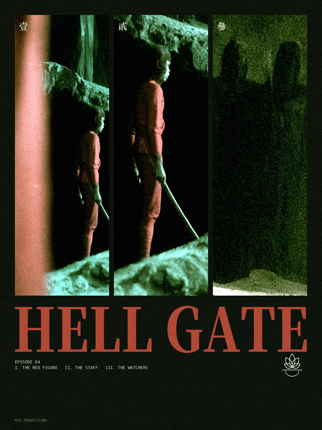 Hell Gate cover: a red figure with a staff in a green cave, three panels