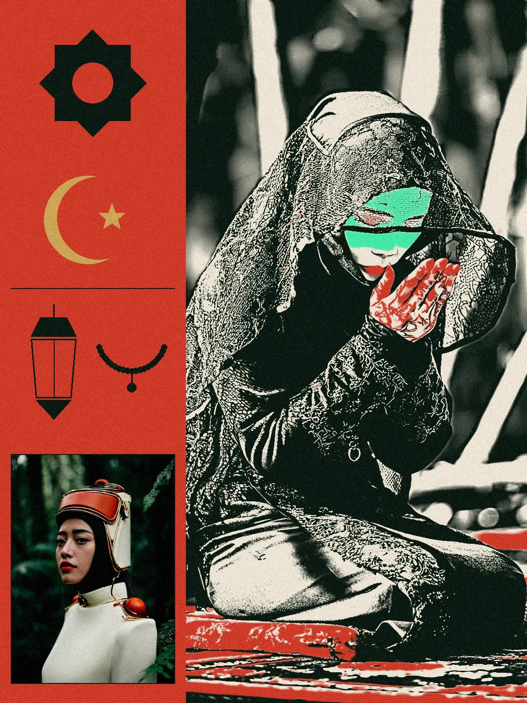 Neo Malaysia cover: a veiled figure kneeling in prayer in black and cream halftone, beside a red panel of an eight-point star, crescent, lantern and prayer beads