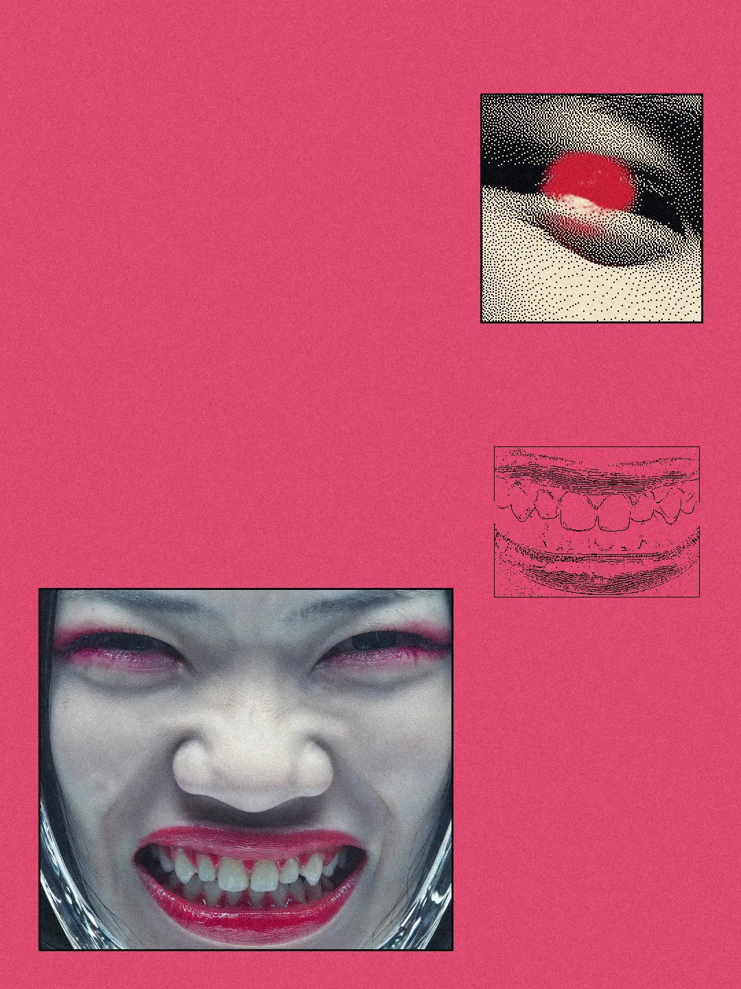 Neo Tokyo Citizens cover: a grinning face with red lips behind glass, with two halftone close-ups on a pink field