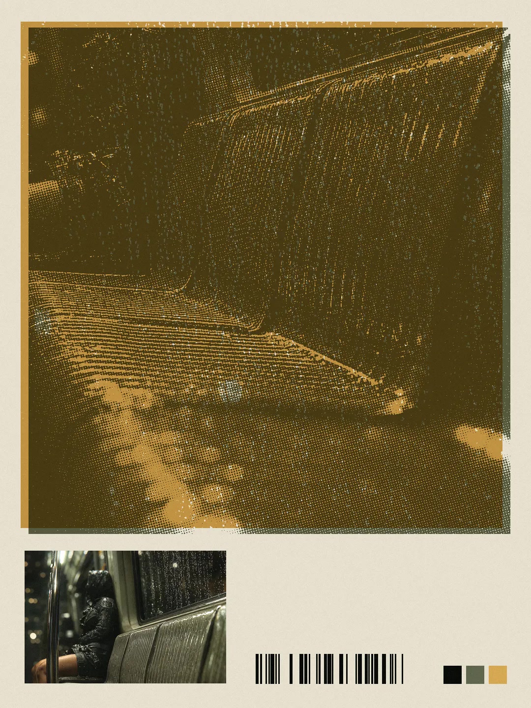 Neo Tokyo cover: rain-streaked subway seats in ochre and olive halftone, with a photo of a lone rider below