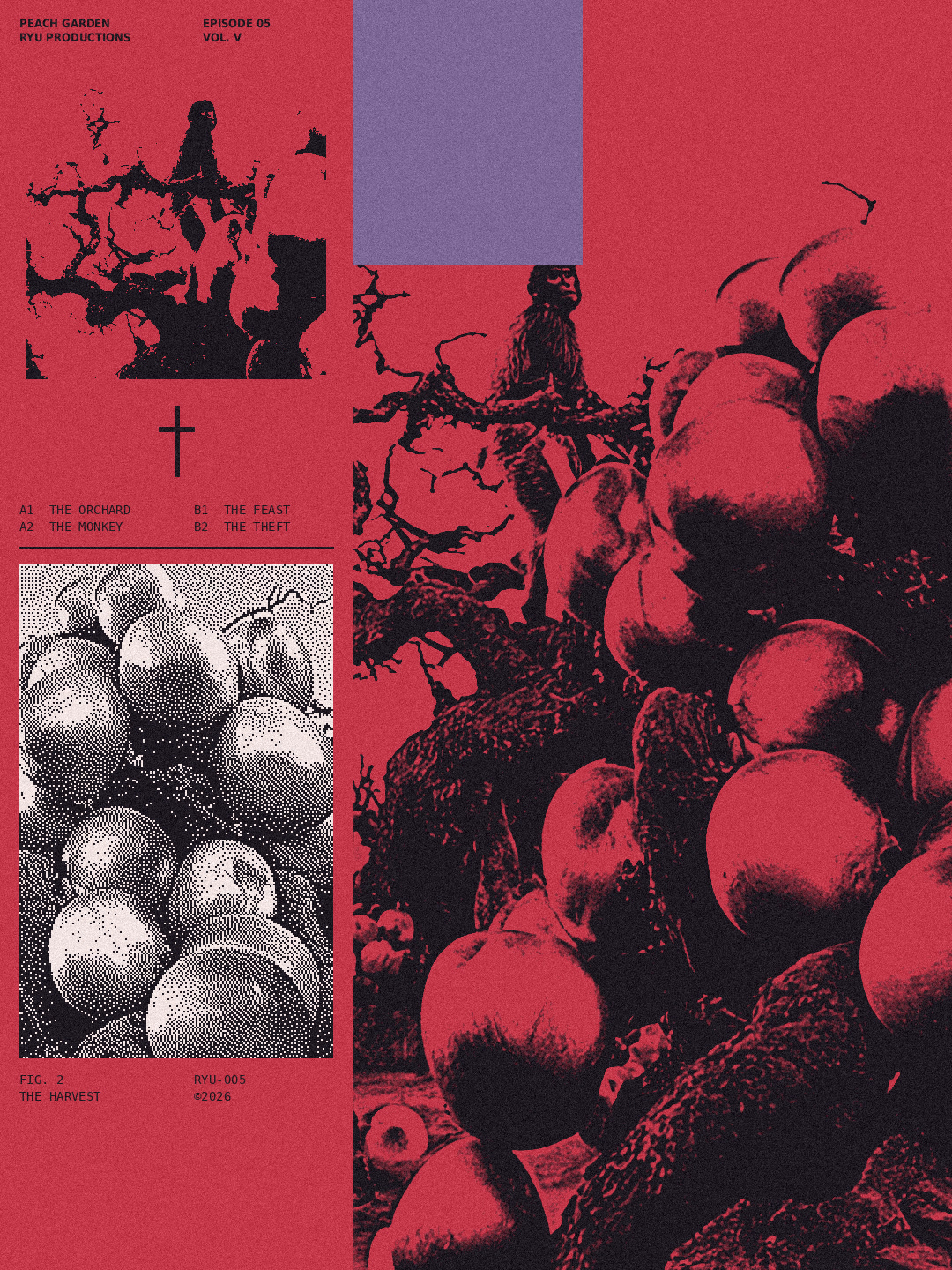 Peach Garden cover: a monkey in a tree heavy with peaches, in red and black halftone